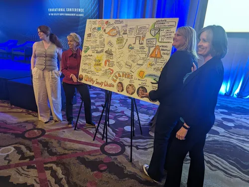 Four Panel Session speakers posing next to an illustration drawn by Matt Orley.  Image Created in real time.