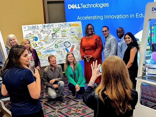 Panel Discussion Speakers posing with a graphic recording created during their vendor-led conference session at a technology education event. 