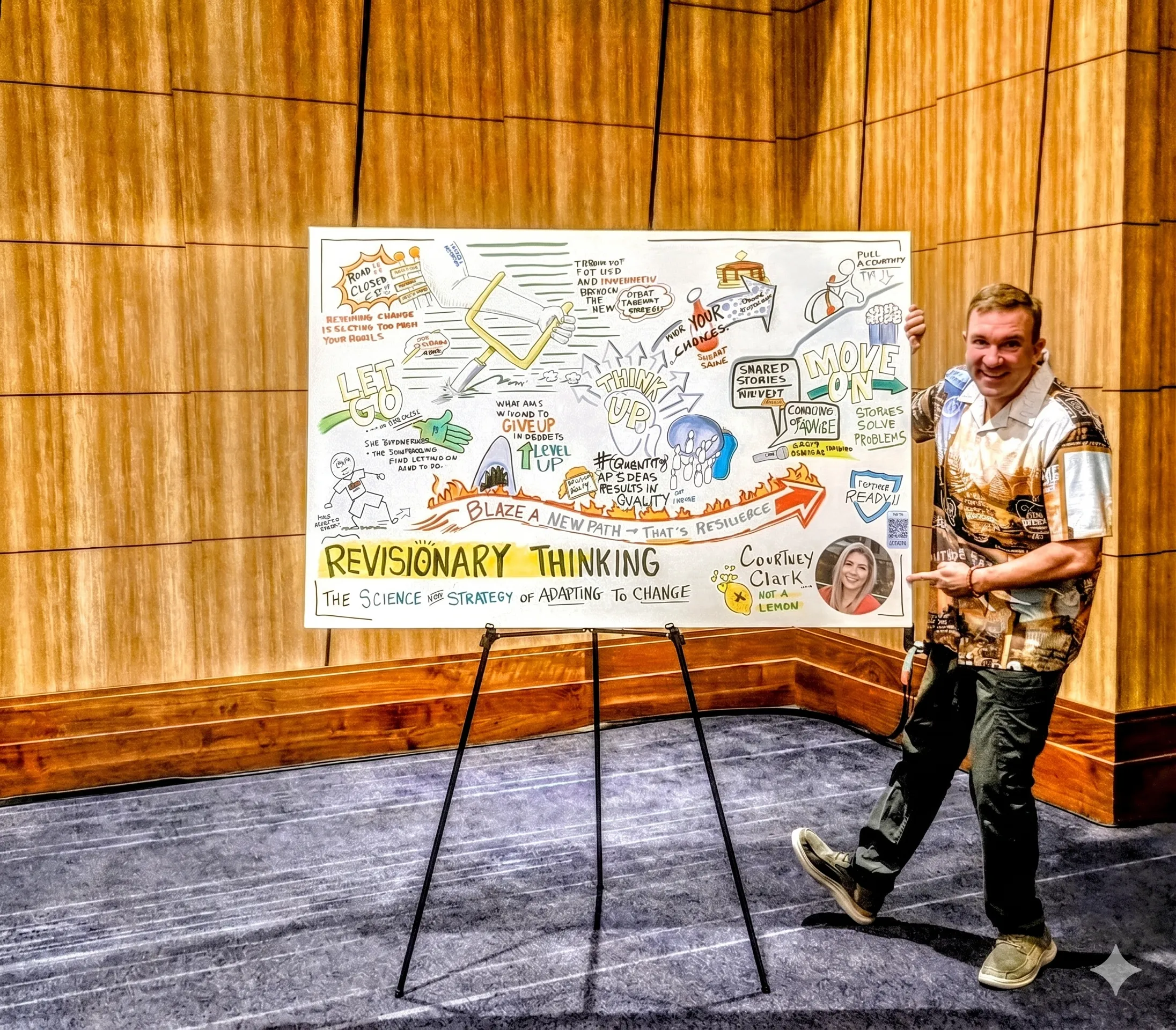 Matt standing in front of a panel drawn live during a keynote address at a 2026 event.
