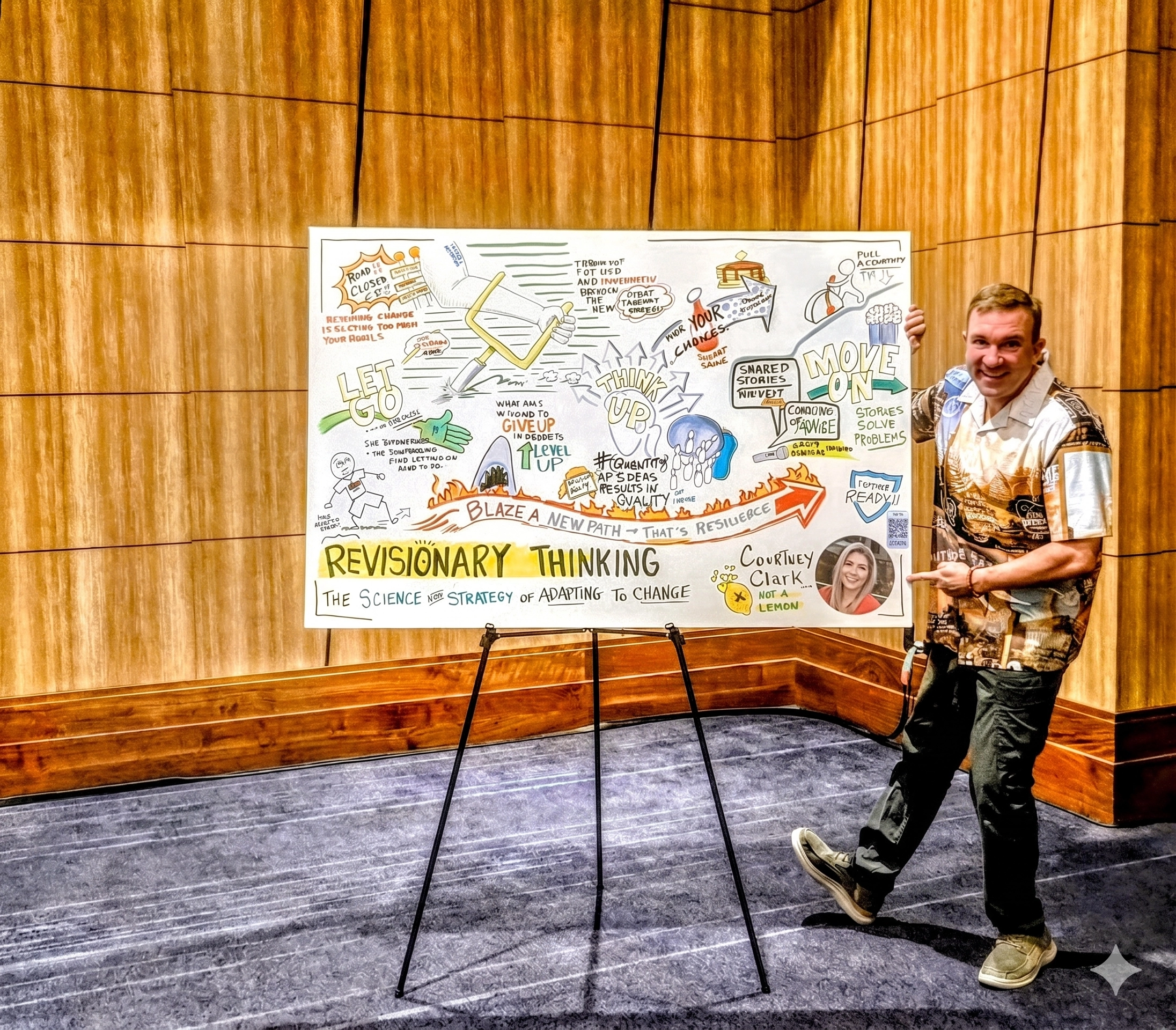Matt standing in front of a panel drawn live during a keynote address at a 2026 event.