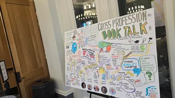 This graphic recording/illustration was created in real time during a panel discussion of four authors.  Displayed in a prefunction area during the event.