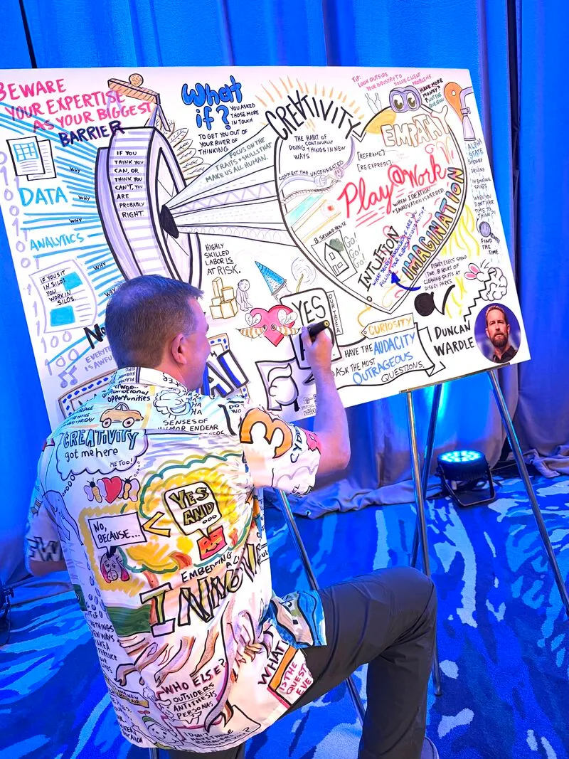Matt Orley kneeling in front of a graphic recording while holding a marker against the board.  Matt is wearing a shirt with a previously drawn illustration.  It looks like camouflage!