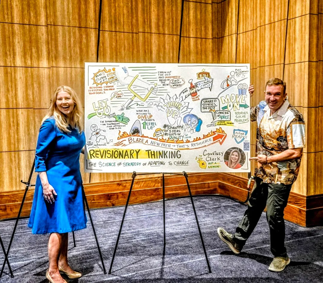 Matt Standing next to a graphic recording on easels with keynote speaker.