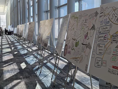18 Graphic Recordings in a well lit prefunction foyer at the JW Marriott in LA LIVE! in Los Angeles, CA.