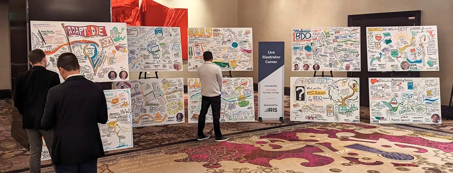 Graphic recording panel showing conference summaries drawn live