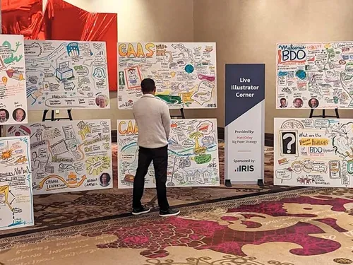 Interactive visual summaries displayed outside of an exhibit hall at an accounting conference