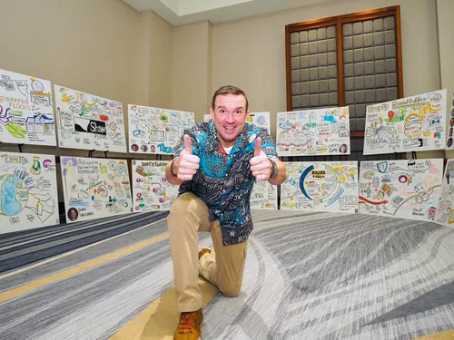 Fourteen graphic recording images from a flooring conference, arranged in a round, artist Matt Orley in the middle with his thumbs up in a happy pose.