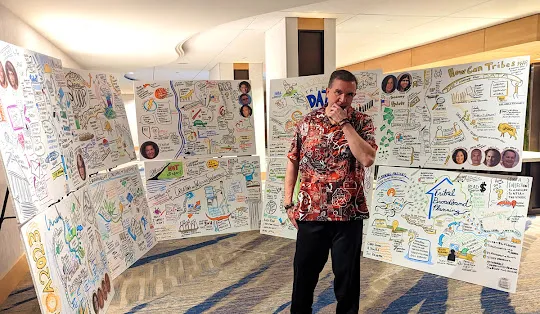 Matt Orley standing in front of 10 Graphic Recording Panels at a DC event.