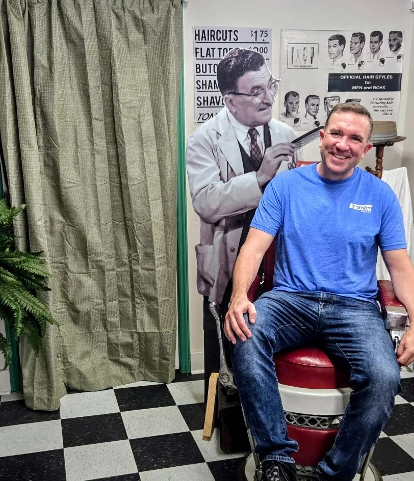 Matt getting his haircut at Floyd's Barbershop in Mt. Airy, NC.  Also known as Mayberry.
