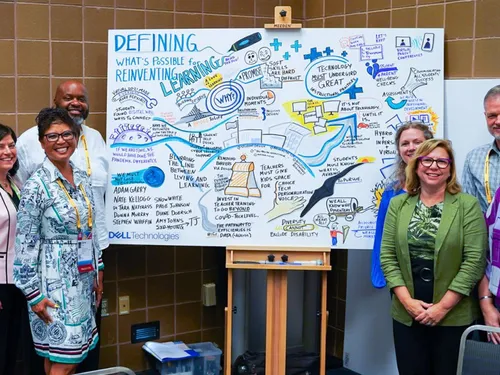 Live Illustration at a Education Technology Conference.  Image includes the drawing, and several speakers standing around the graphic.
