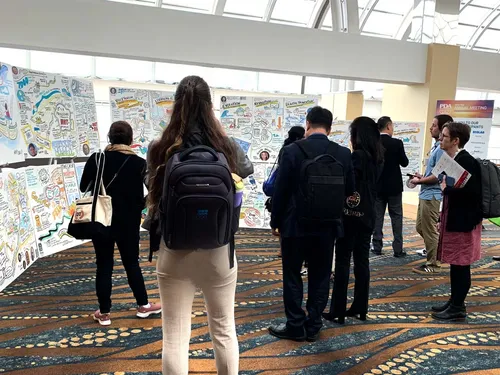 Several Graphic Recordings crafted during a pharmaceutical technology conference in Long Beach, CA.  Various event attendees gather around, take photos, and discuss the week's content.