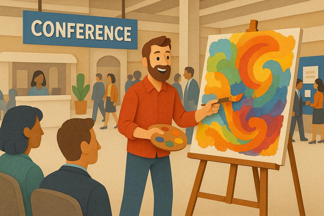 A man creating a painting Live in a conference