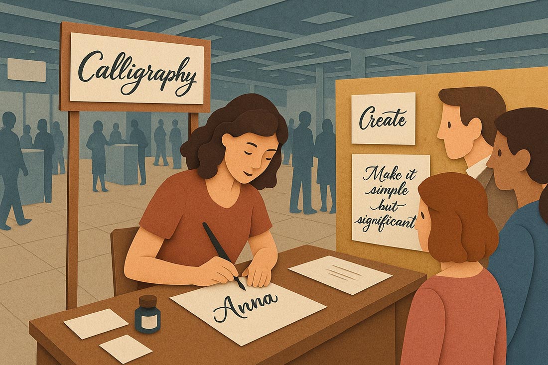 Calligrapher at a desk in a conference