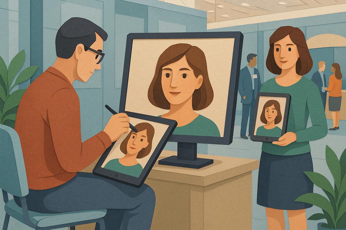 a woman posing for a digital portrait at a conference