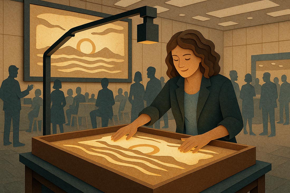 A sand artist working in a tradeshow hall