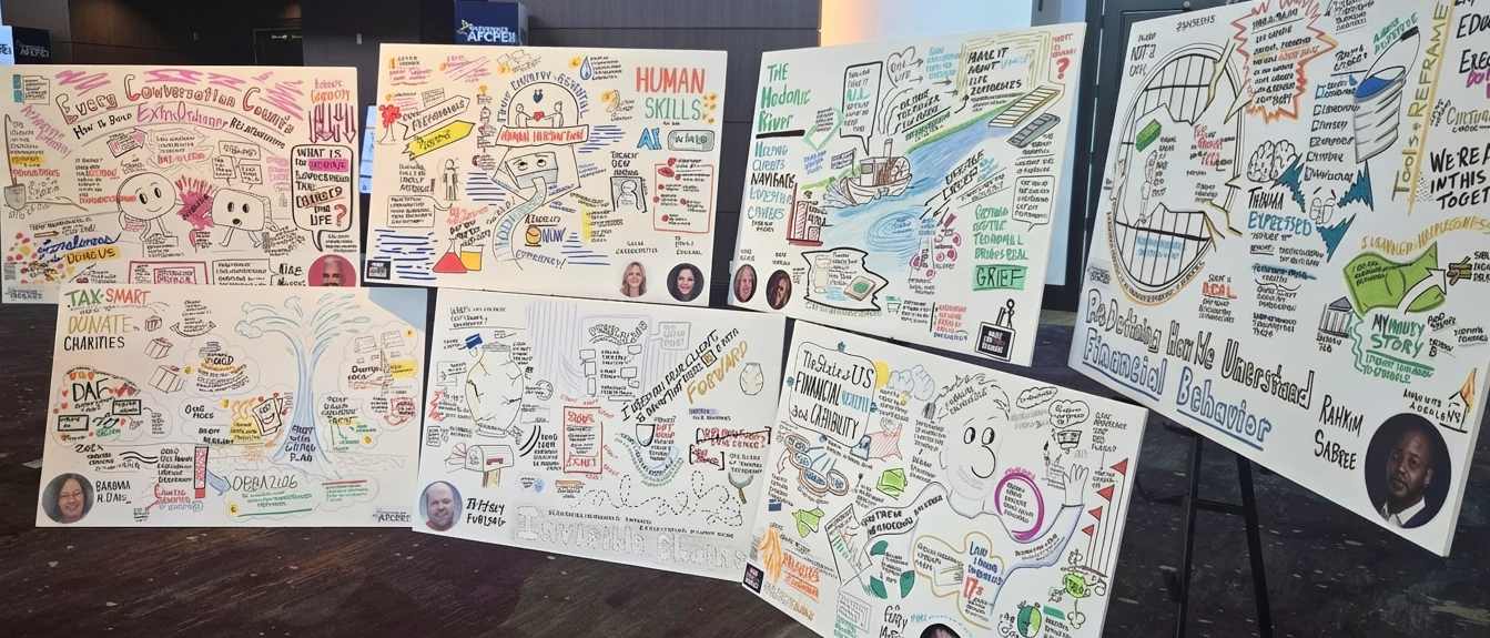 WideShot Display of several graphic recordings crafted by Matt Orley